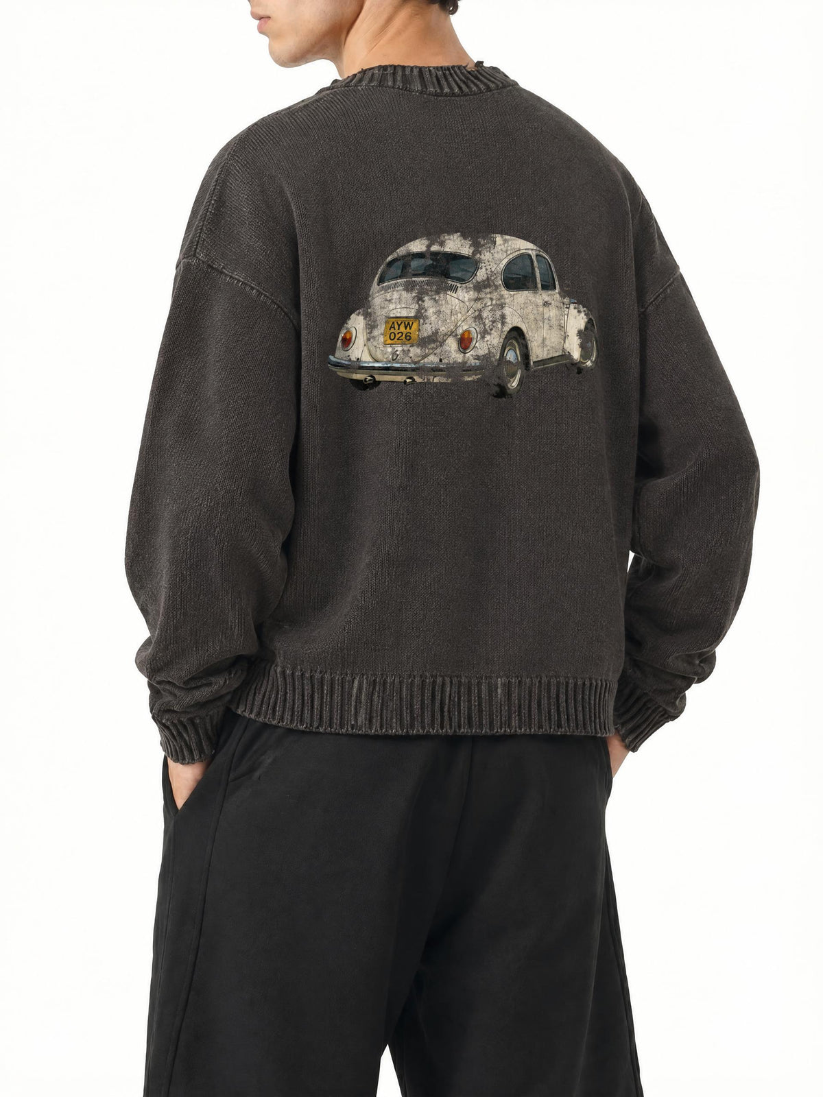 Vintage Washed Hand-Frayed Car Graphic Sweater