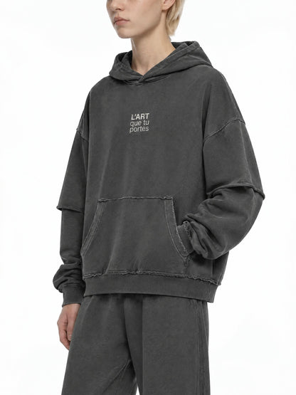 L’ART que tu Portes Snow Washed Raw Edge Double Layered Hoodie