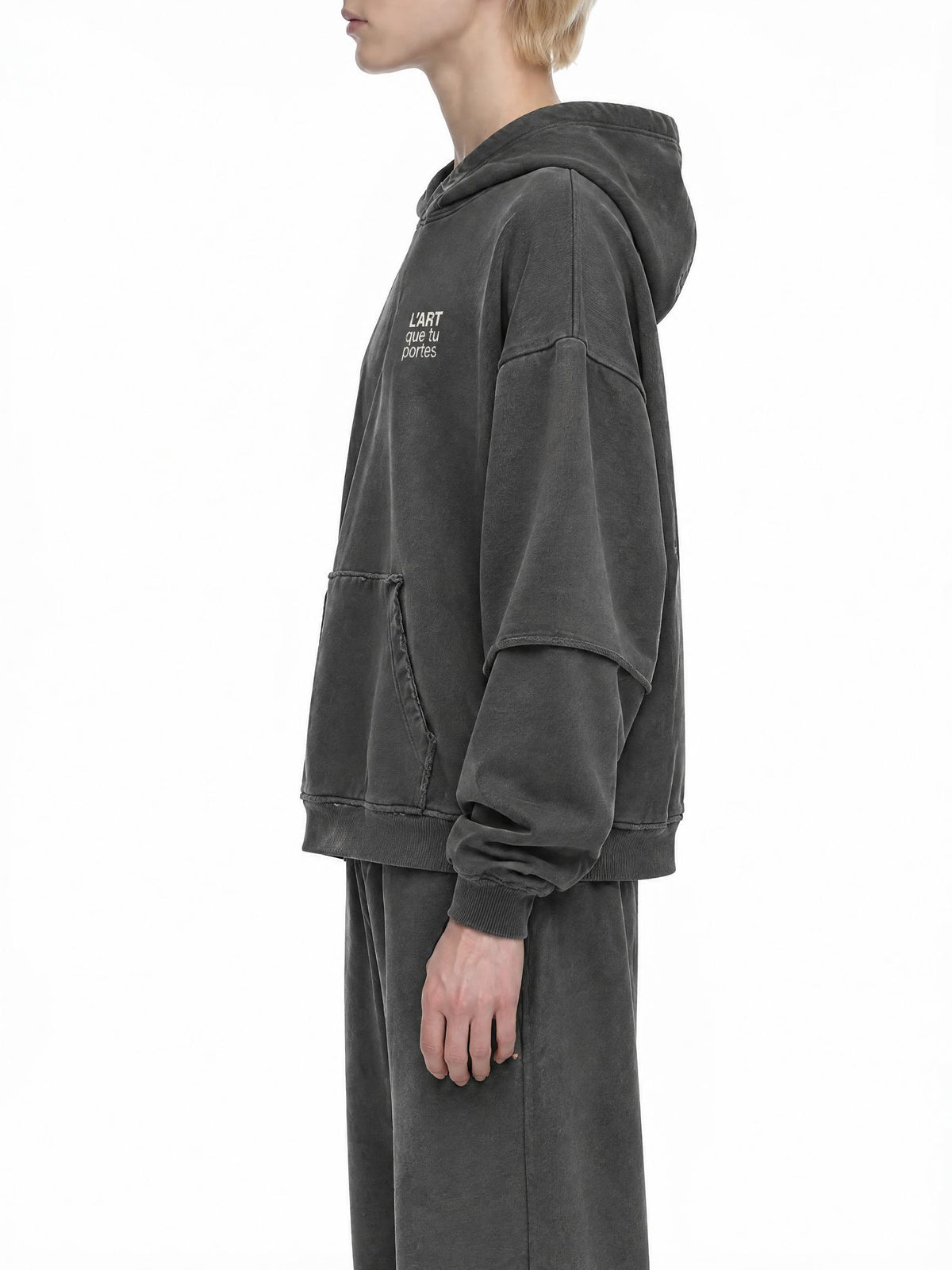 L’ART que tu Portes Snow Washed Raw Edge Double Layered Hoodie