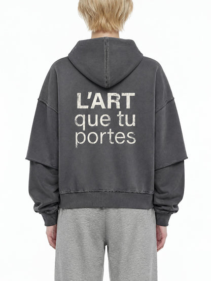 L’ART que tu Portes Snow Washed Raw Edge Double Layered Hoodie