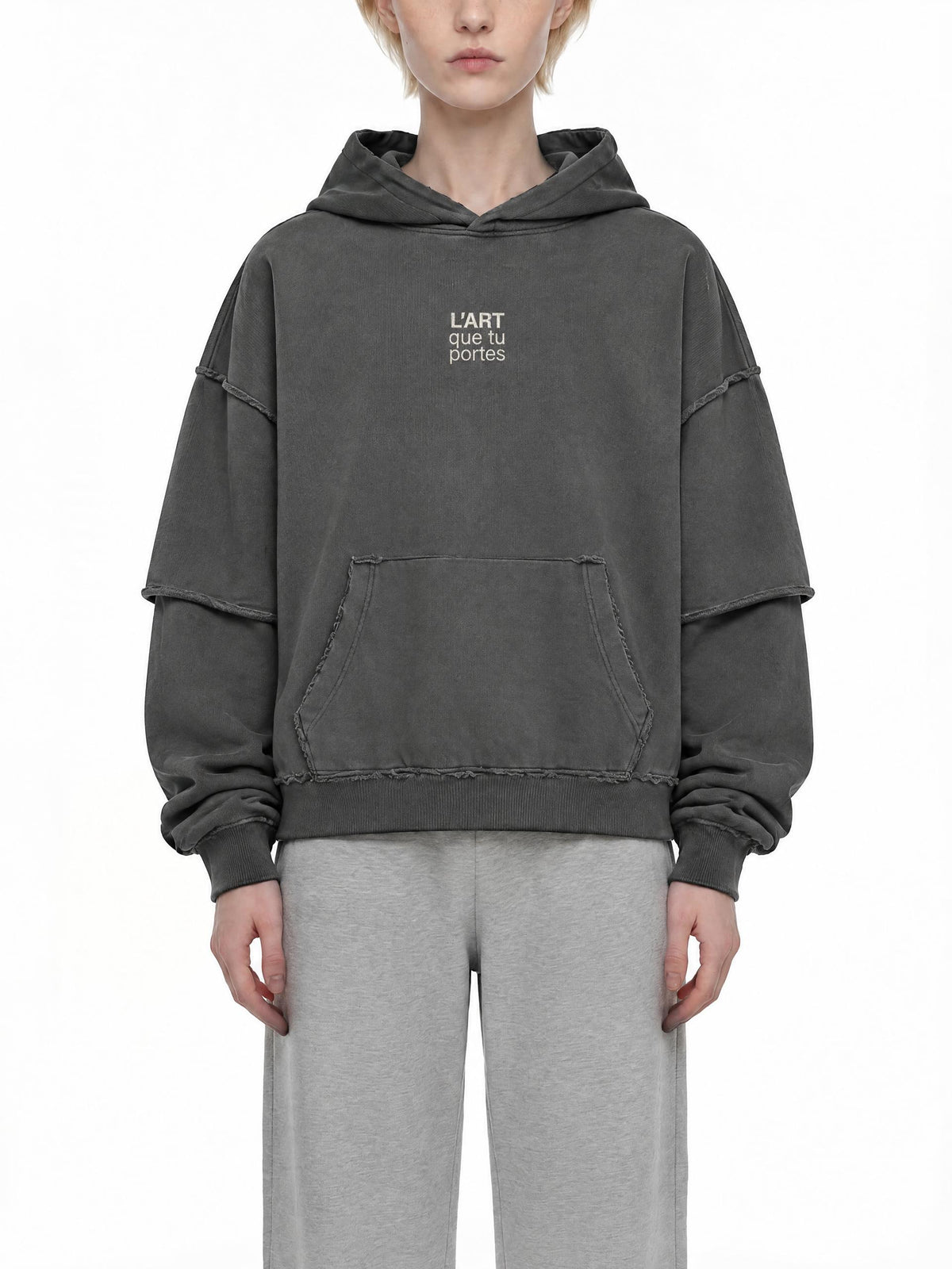 L’ART que tu Portes Snow Washed Raw Edge Double Layered Hoodie